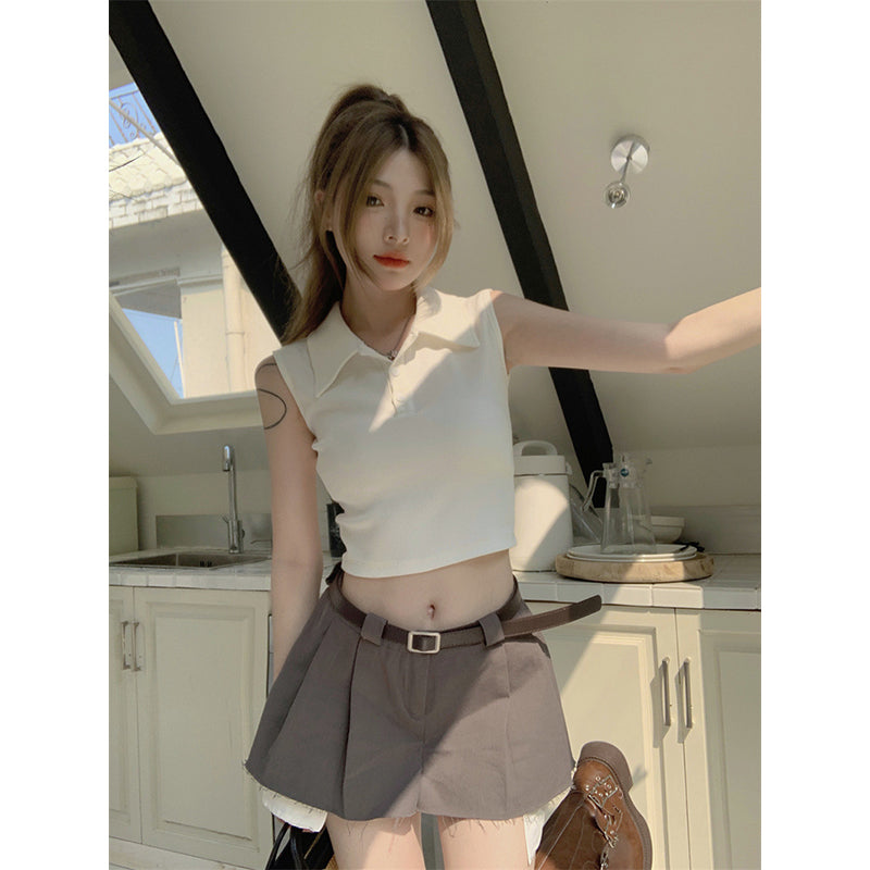 Women Solid Sleeveless Shirt Style Crop Top