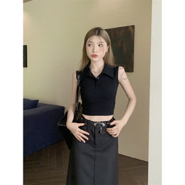 Women Solid Shirt Collar Sleeveless Top