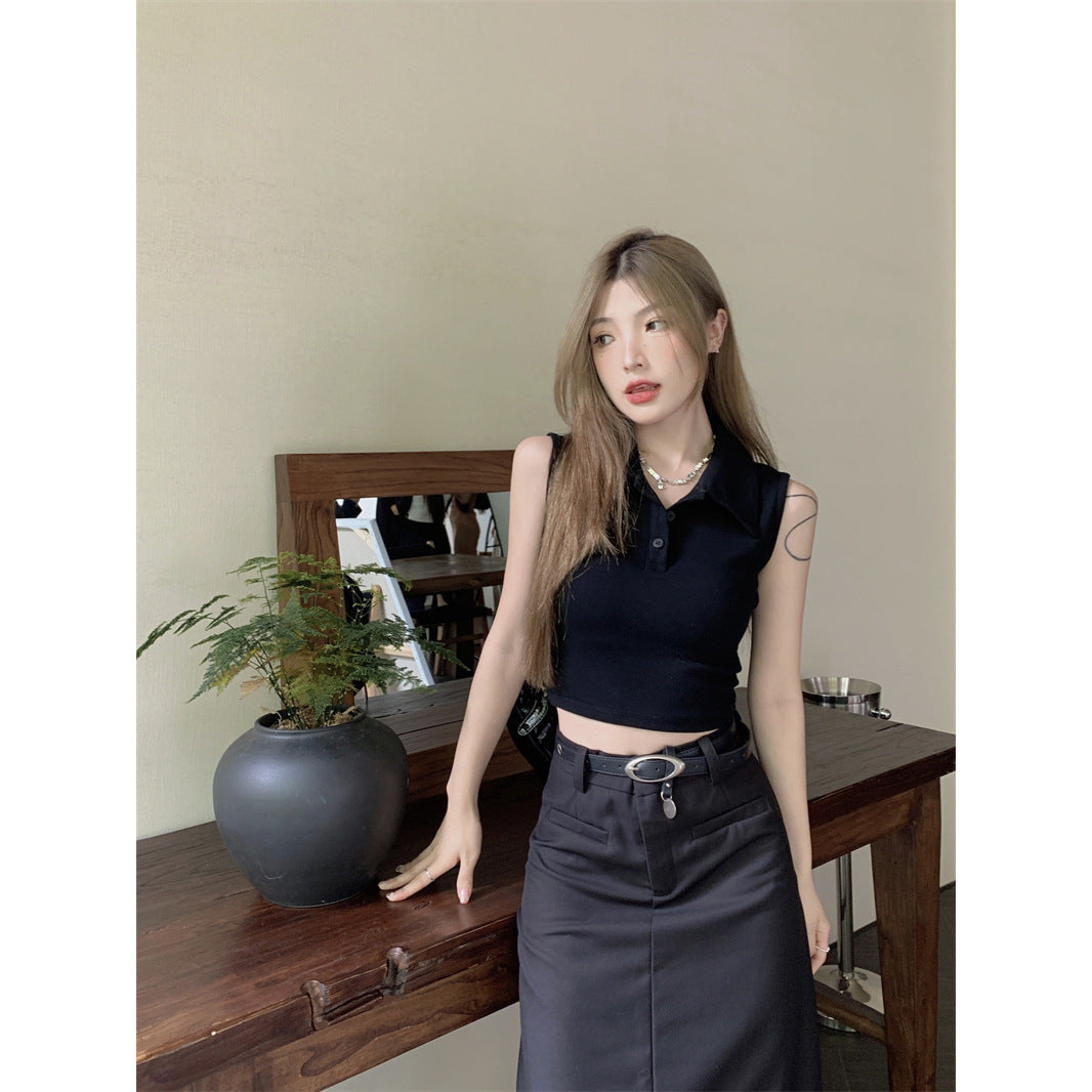 Women Solid Shirt Collar Sleeveless Top
