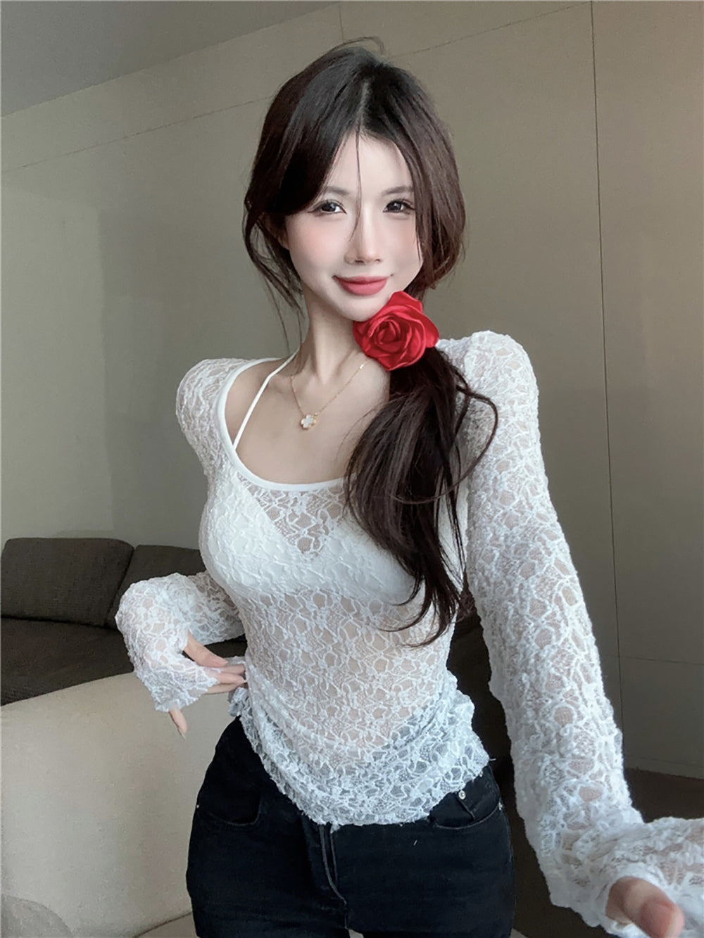 Women Crochet Scoop Neck Top