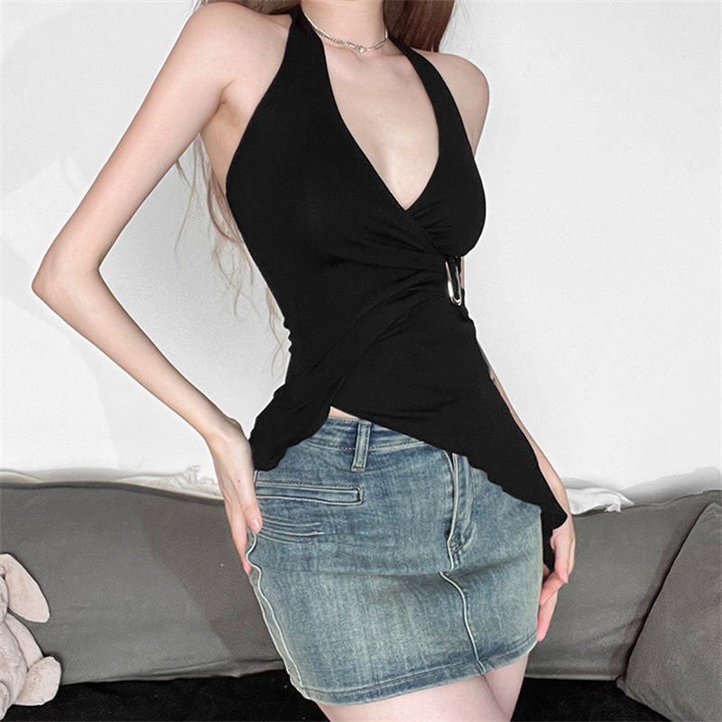 Women Solid Styled Back Sleeveless Longline Wrap Top