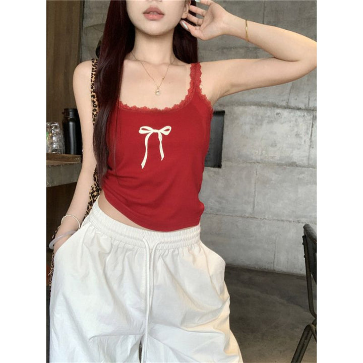 Women Bow Detail Shoulder Straps Fitted Top