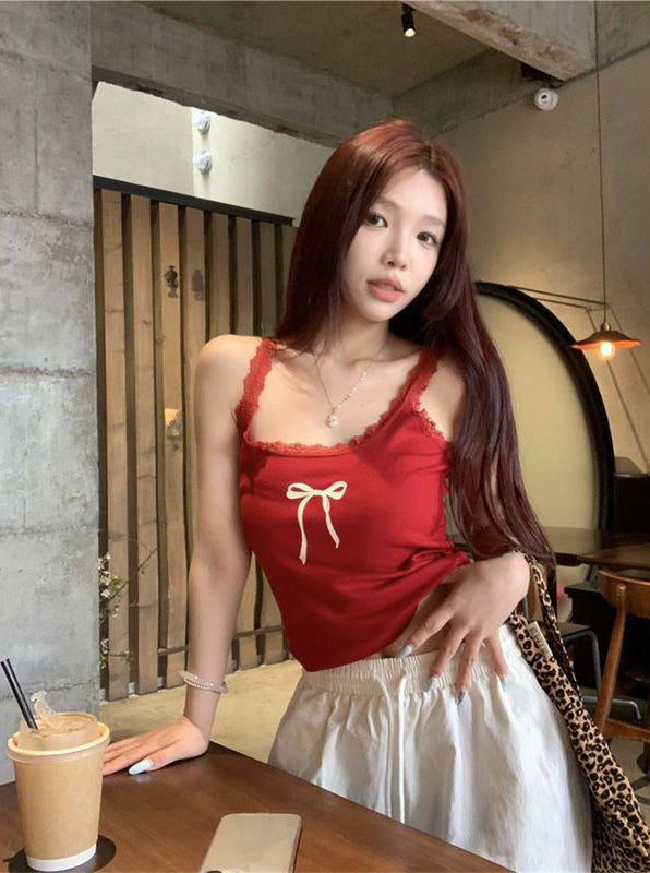 Women Bow Detail Shoulder Straps Fitted Top