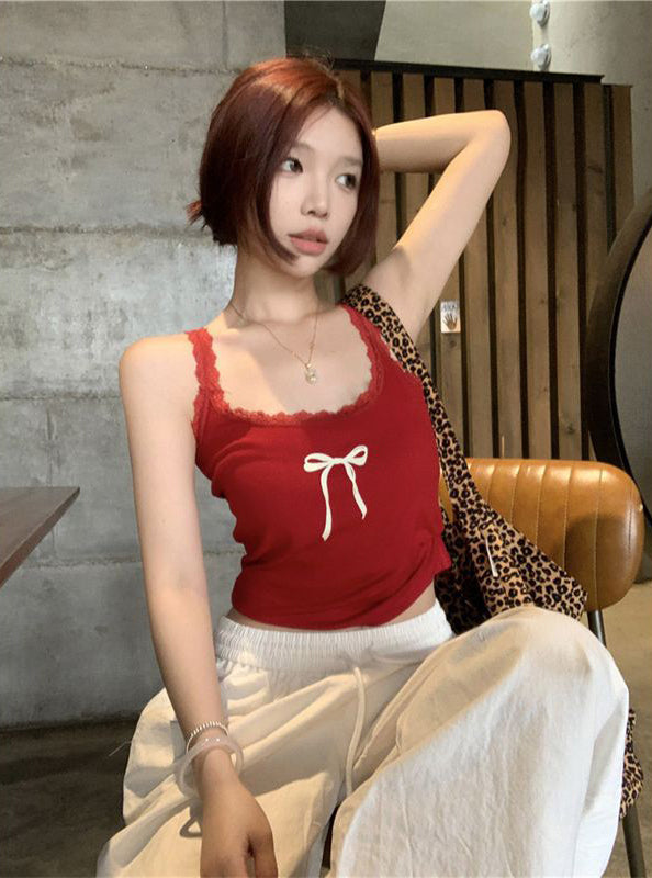 Women Bow Detail Shoulder Straps Fitted Top