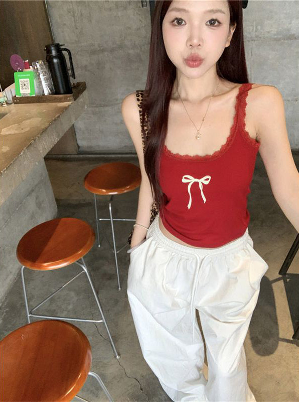 Women Bow Detail Shoulder Straps Fitted Top