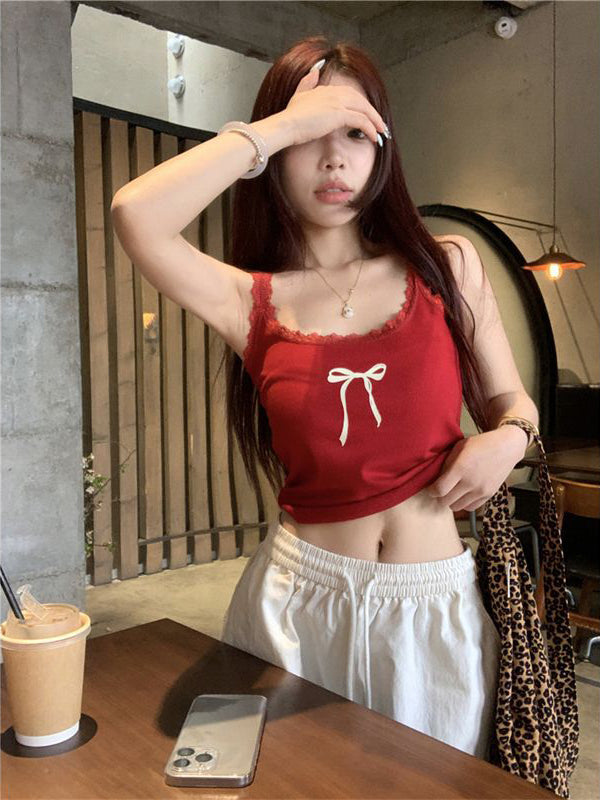 Women Bow Detail Shoulder Straps Fitted Top