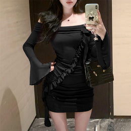 Off-Shoulder Bell Sleeve Ruffled Bodycon Mini Dress