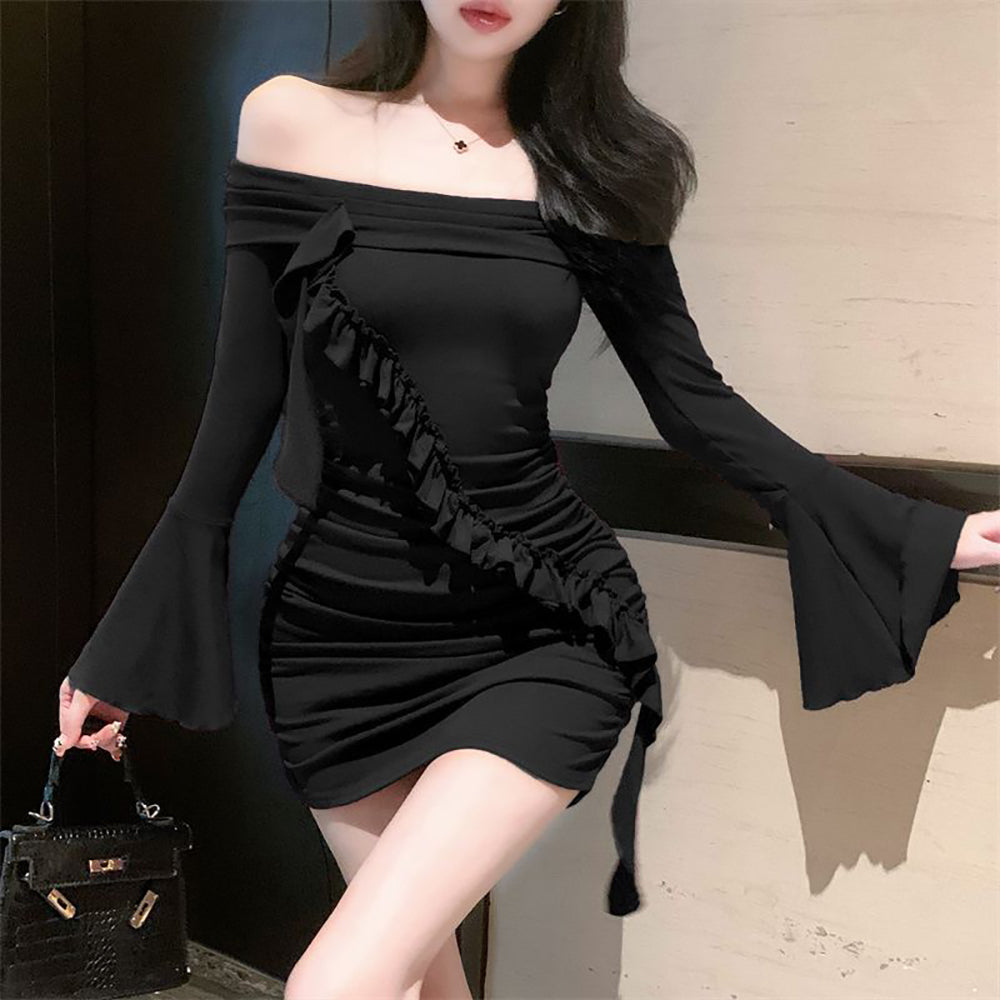 Off-Shoulder Bell Sleeve Ruffled Bodycon Mini Dress