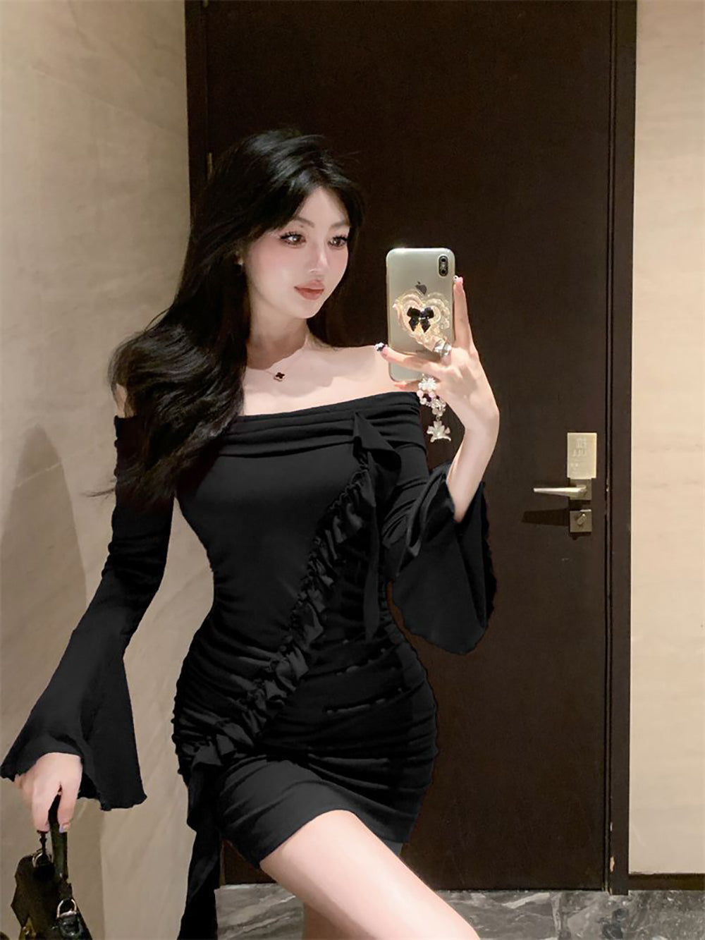 Off-Shoulder Bell Sleeve Ruffled Bodycon Mini Dress