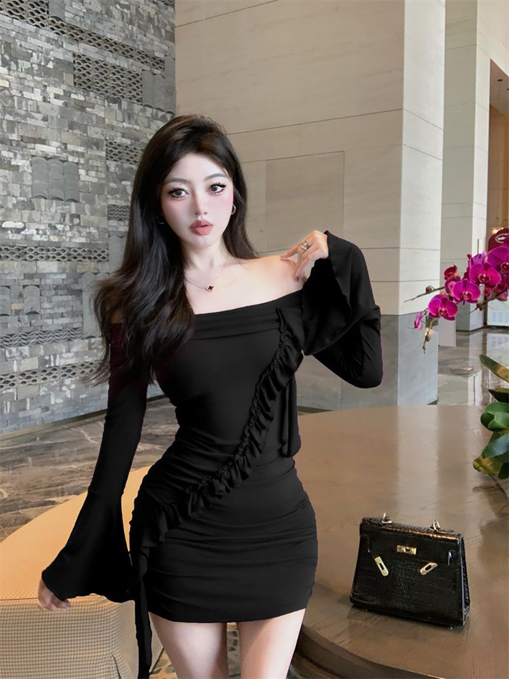 Off-Shoulder Bell Sleeve Ruffled Bodycon Mini Dress