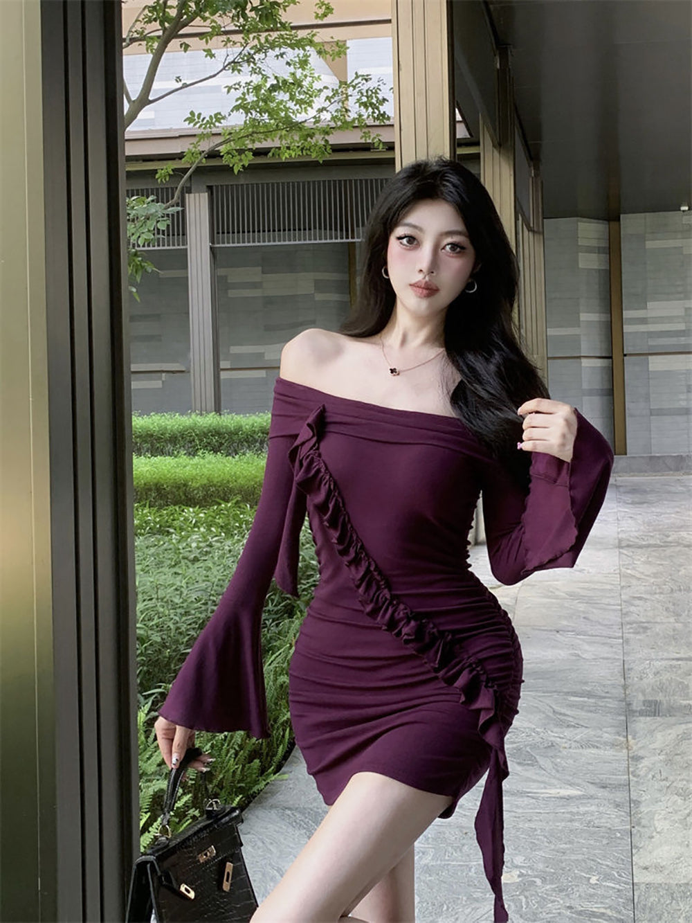 Women Off-Shoulder Ruffled Bodycon Mini Dress