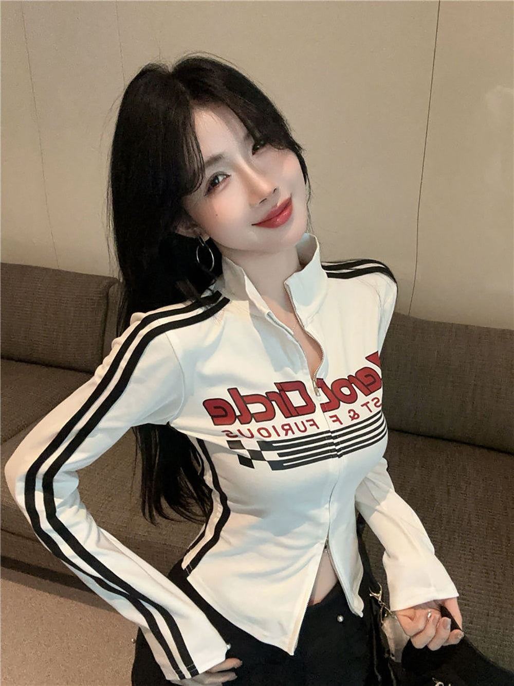Women Typography Printed High Neck Extended Sleeves Shirt Style Top