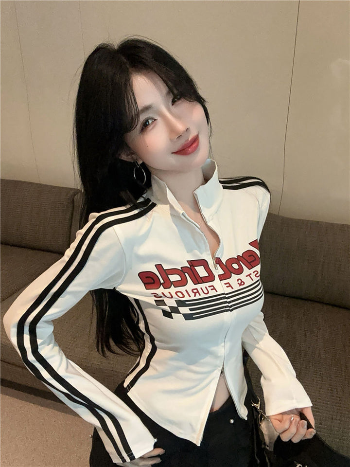 Women Typography Printed High Neck Extended Sleeves Shirt Style Top