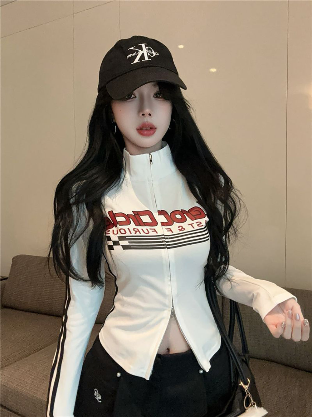 Women Typography Printed High Neck Extended Sleeves Shirt Style Top