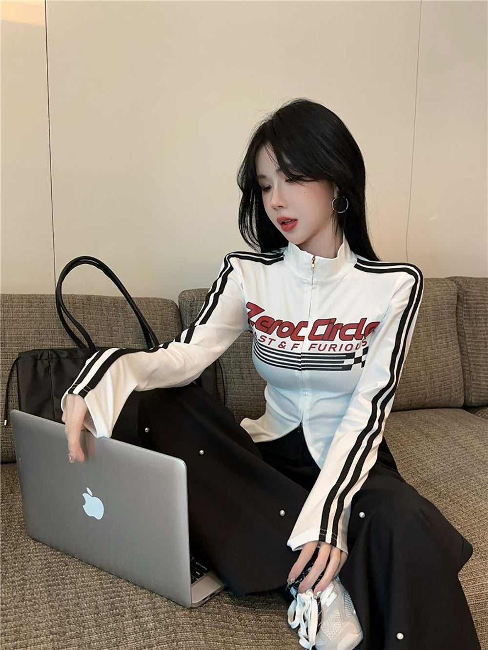 Women Typography Printed High Neck Extended Sleeves Shirt Style Top