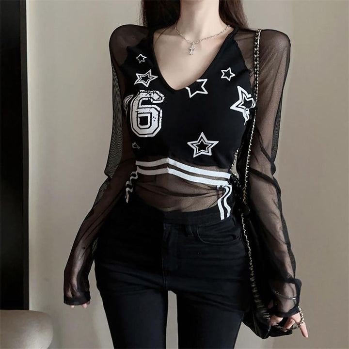 Women V-Neck Extended Sleeves Net Top