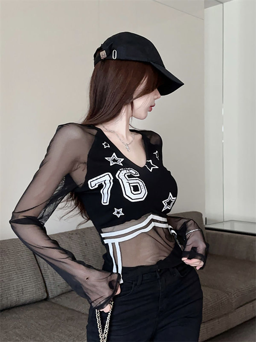 Women V-Neck Extended Sleeves Net Top