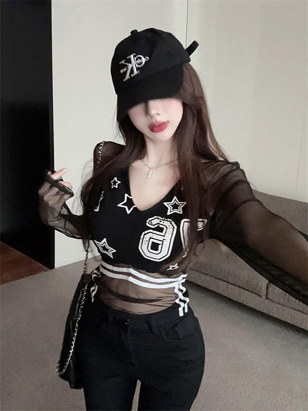 Women V-Neck Extended Sleeves Net Top