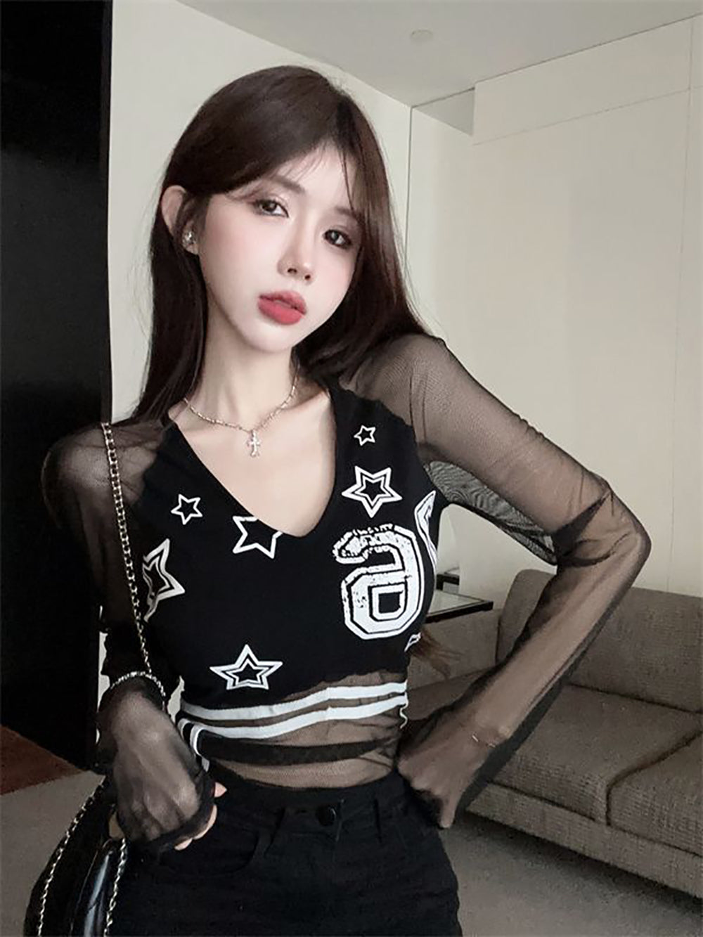 Women V-Neck Extended Sleeves Net Top