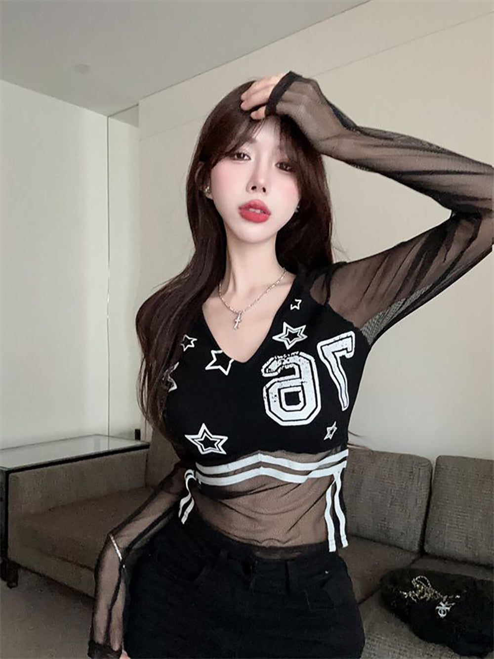 Women V-Neck Extended Sleeves Net Top