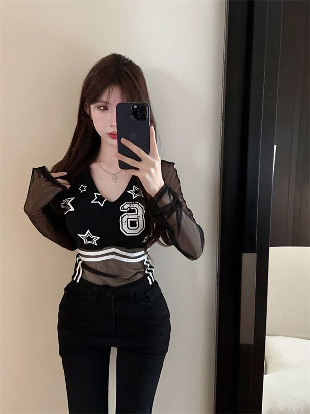 Women V-Neck Extended Sleeves Net Top