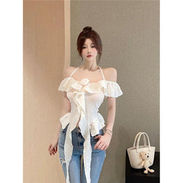 Women Solid Halter Neck Ruffles Peplum Top