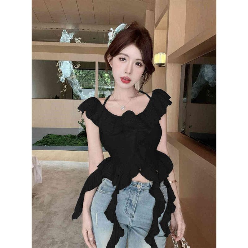 Women Solid Corsage Flutter Sleeves Ruffles Peplum Crop Top