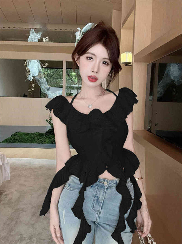 Women Solid Corsage Flutter Sleeves Ruffles Peplum Crop Top
