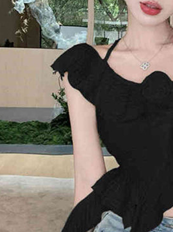 Women Solid Corsage Flutter Sleeves Ruffles Peplum Crop Top