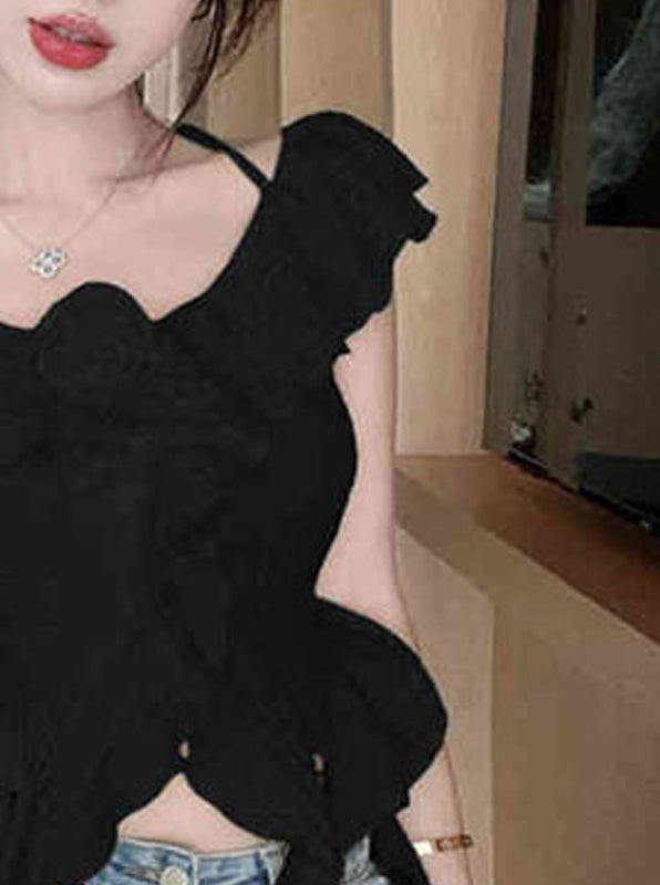Women Solid Corsage Flutter Sleeves Ruffles Peplum Crop Top