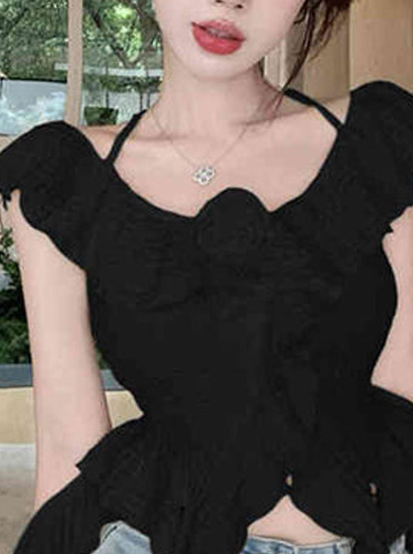 Women Solid Corsage Flutter Sleeves Ruffles Peplum Crop Top