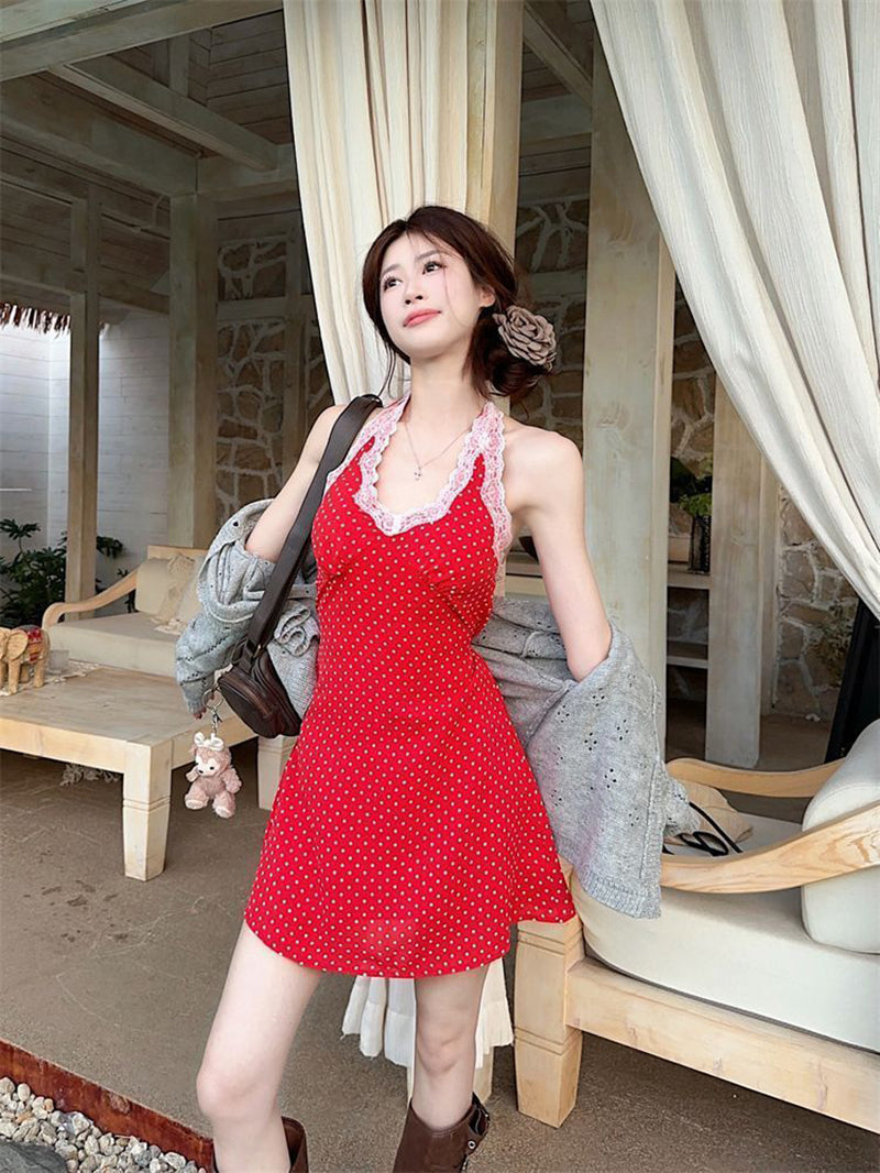 Polka Dot Printed Halter Neck A-Line Mini Dress