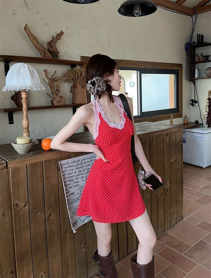 Polka Dot Printed Halter Neck A-Line Mini Dress