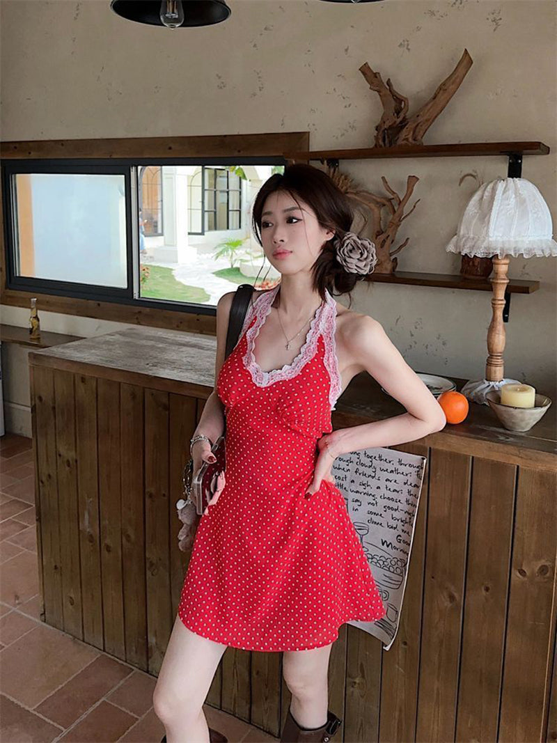 Polka Dot Printed Halter Neck A-Line Mini Dress