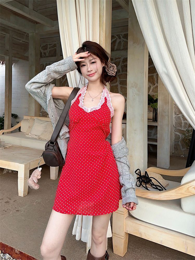 Polka Dot Printed Halter Neck A-Line Mini Dress