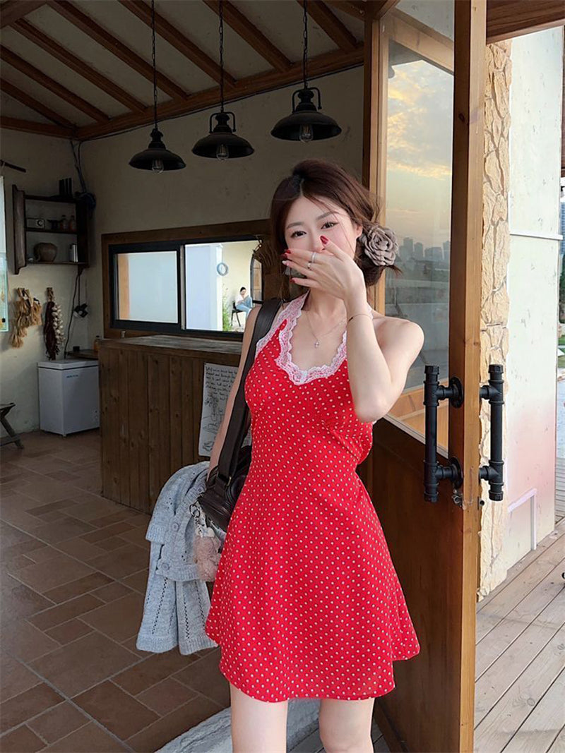 Polka Dot Printed Halter Neck A-Line Mini Dress