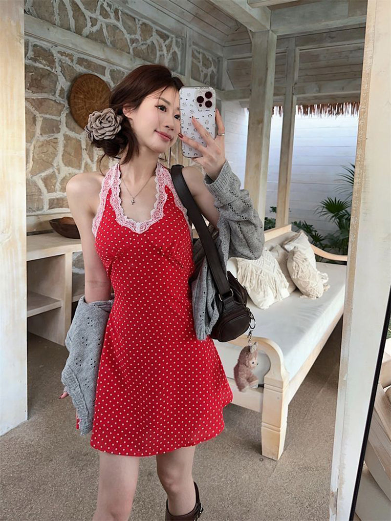 Polka Dot Printed Halter Neck A-Line Mini Dress
