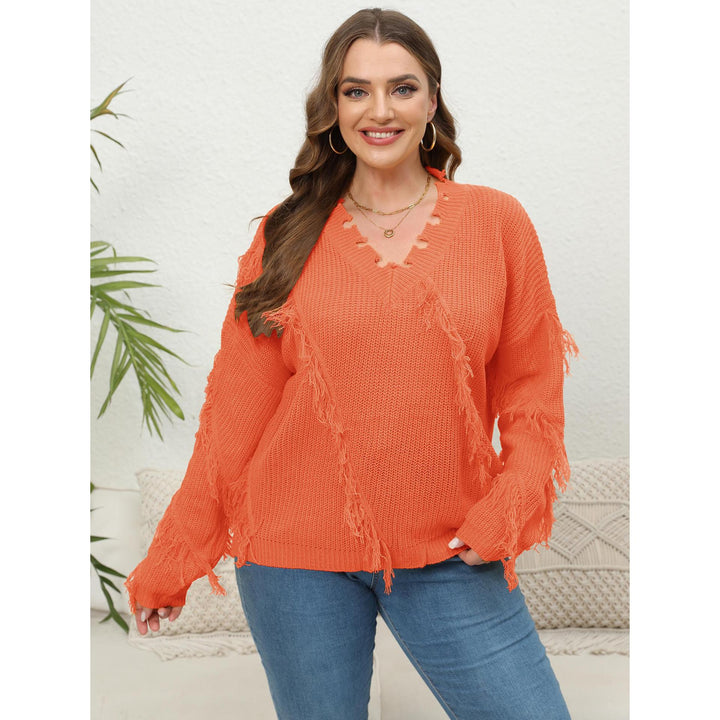 Women Plus Size Fringed Cable Knit Pullover