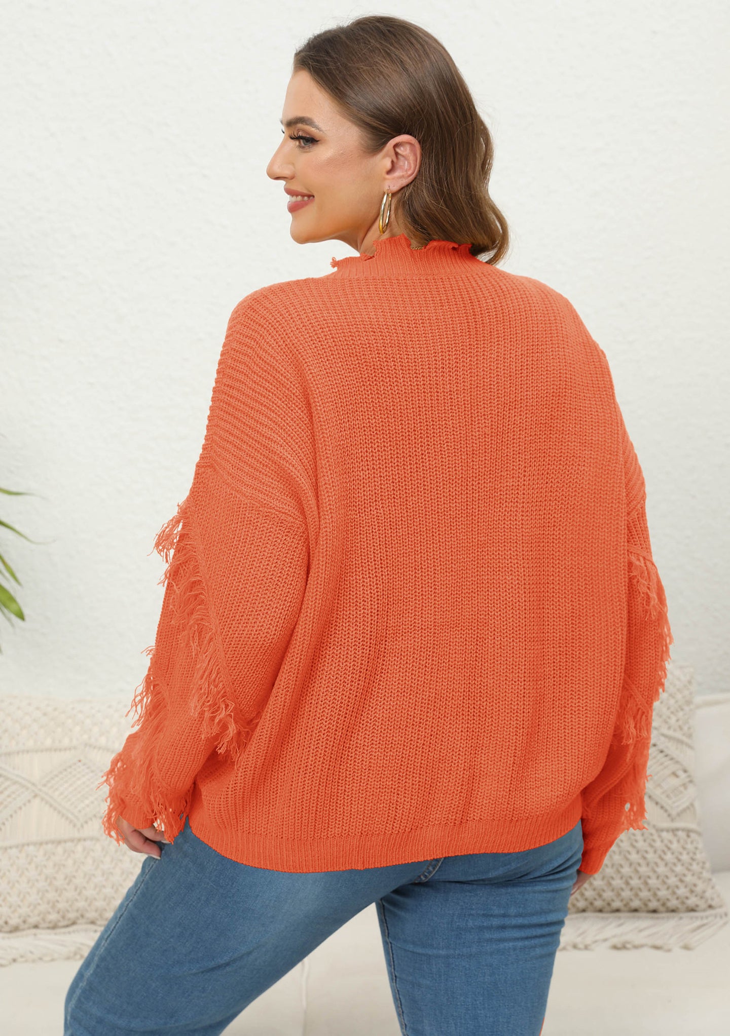 Women Plus Size Fringed Cable Knit Pullover
