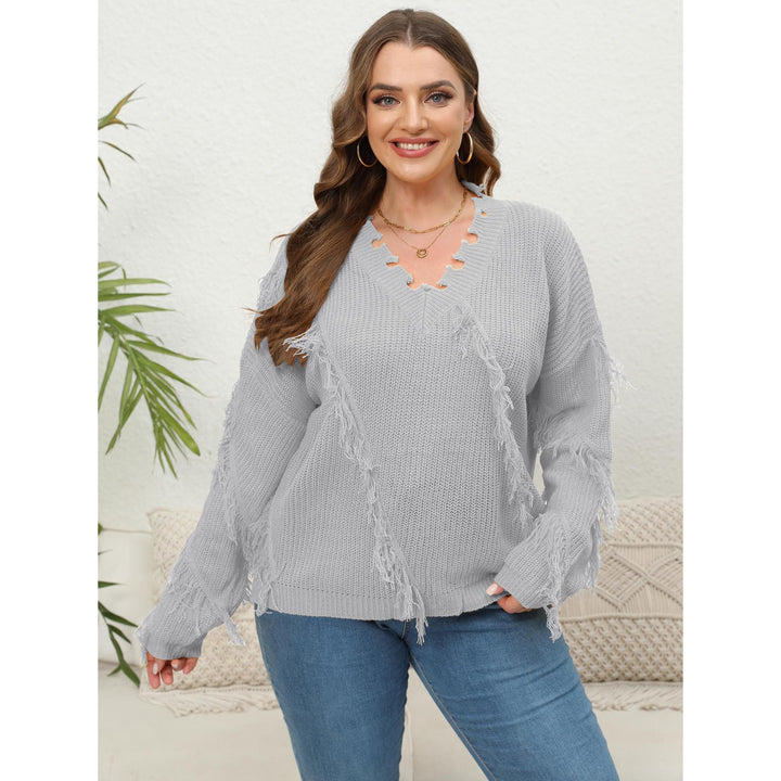 Women Plus Size Fringed Cable Knit Pullover