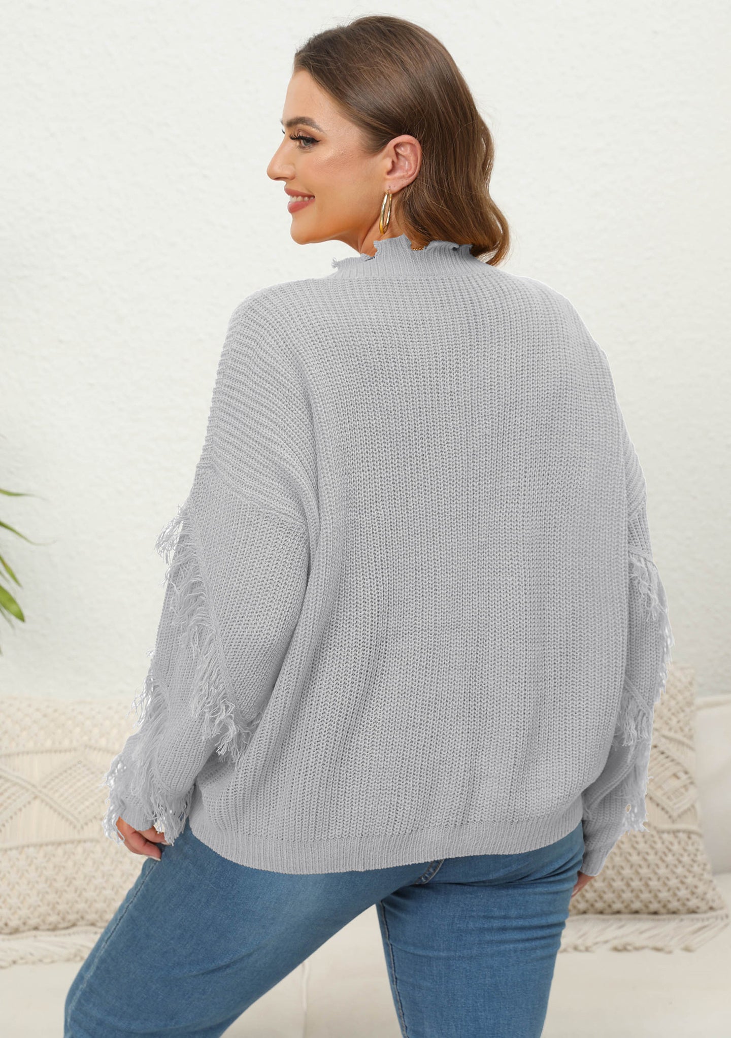 Women Plus Size Fringed Cable Knit Pullover