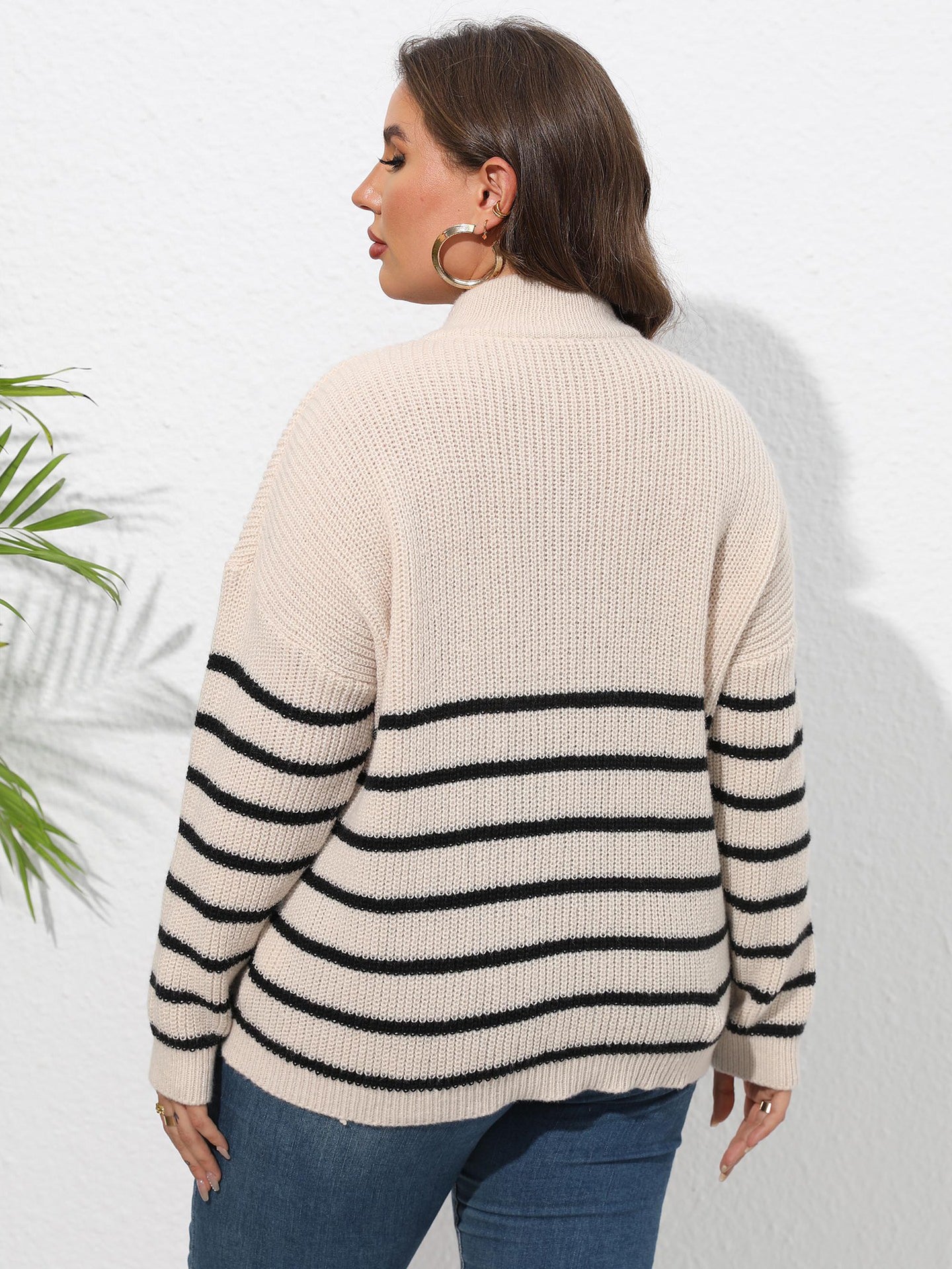 Women Striped Mock Collar Pullover Sweater