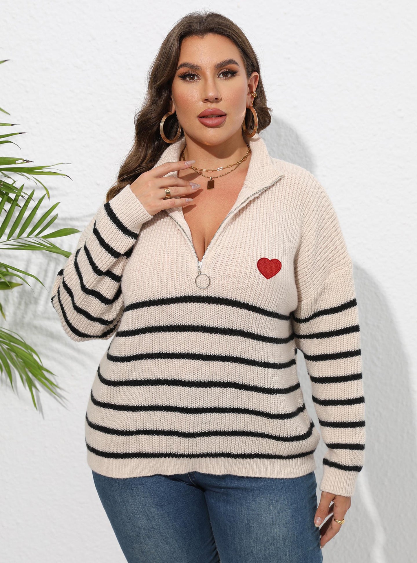 Women Striped Mock Collar Pullover Sweater