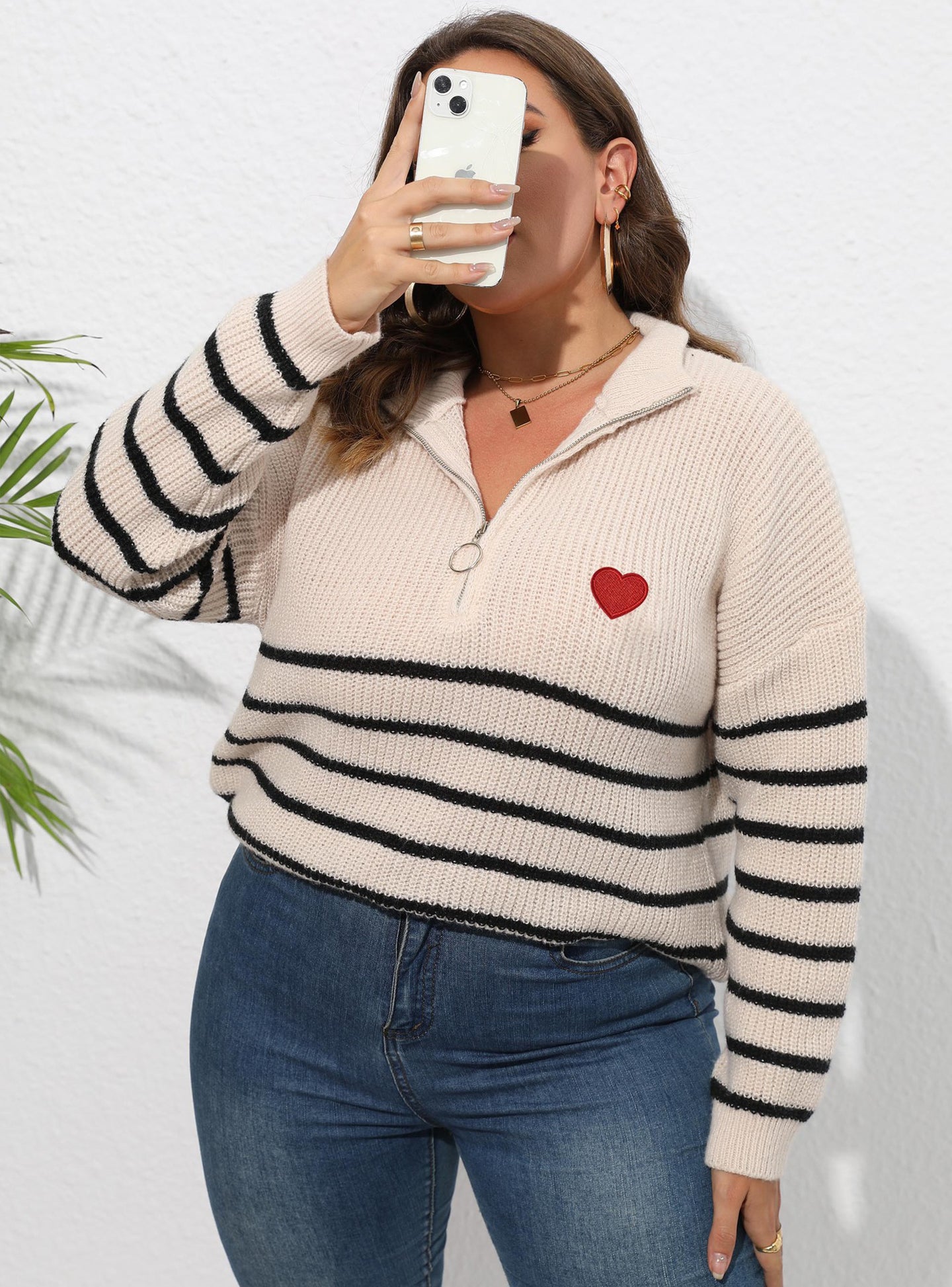 Women Striped Mock Collar Pullover Sweater