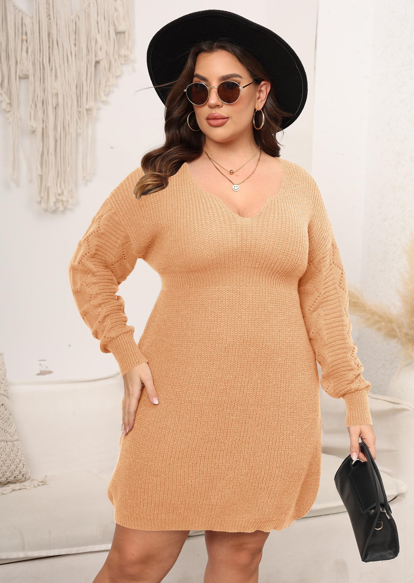 Women Cuffed Sleeve knitted Sweater Dress