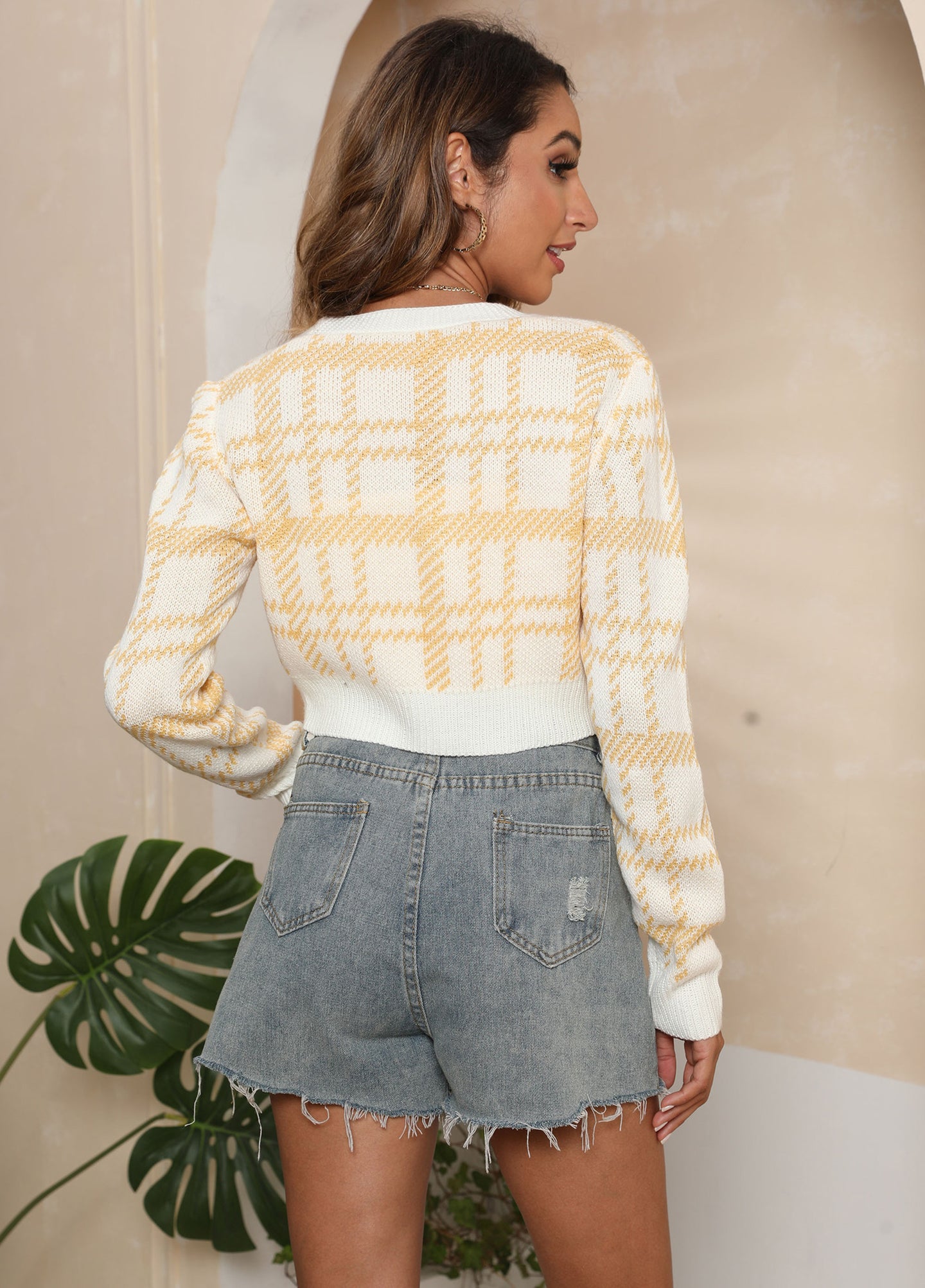 Women Checked Crop Cardigan