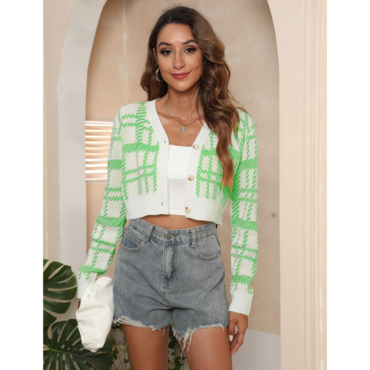 Women Checked V - Neck Crop Cardigan