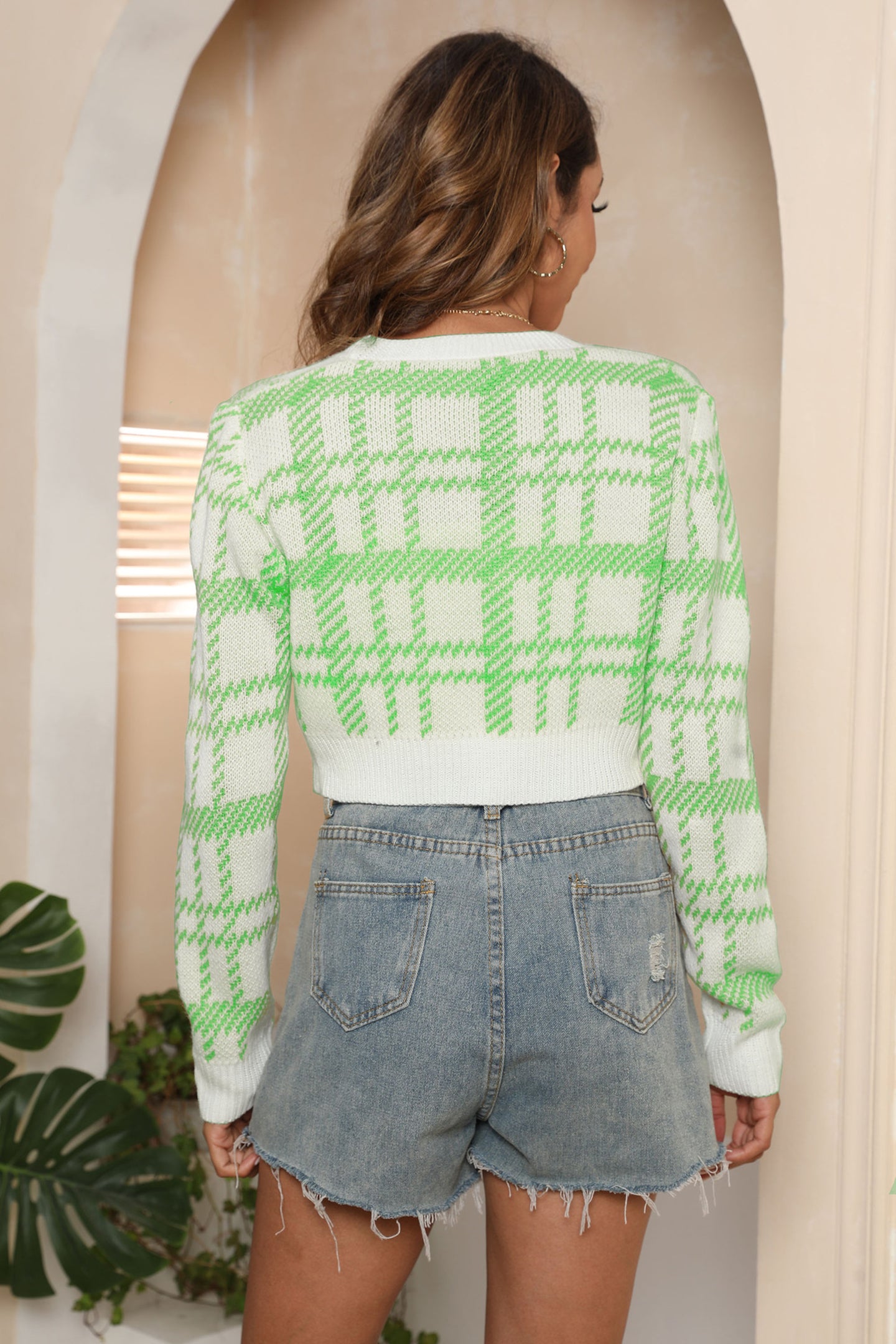 Women Checked V - Neck Crop Cardigan