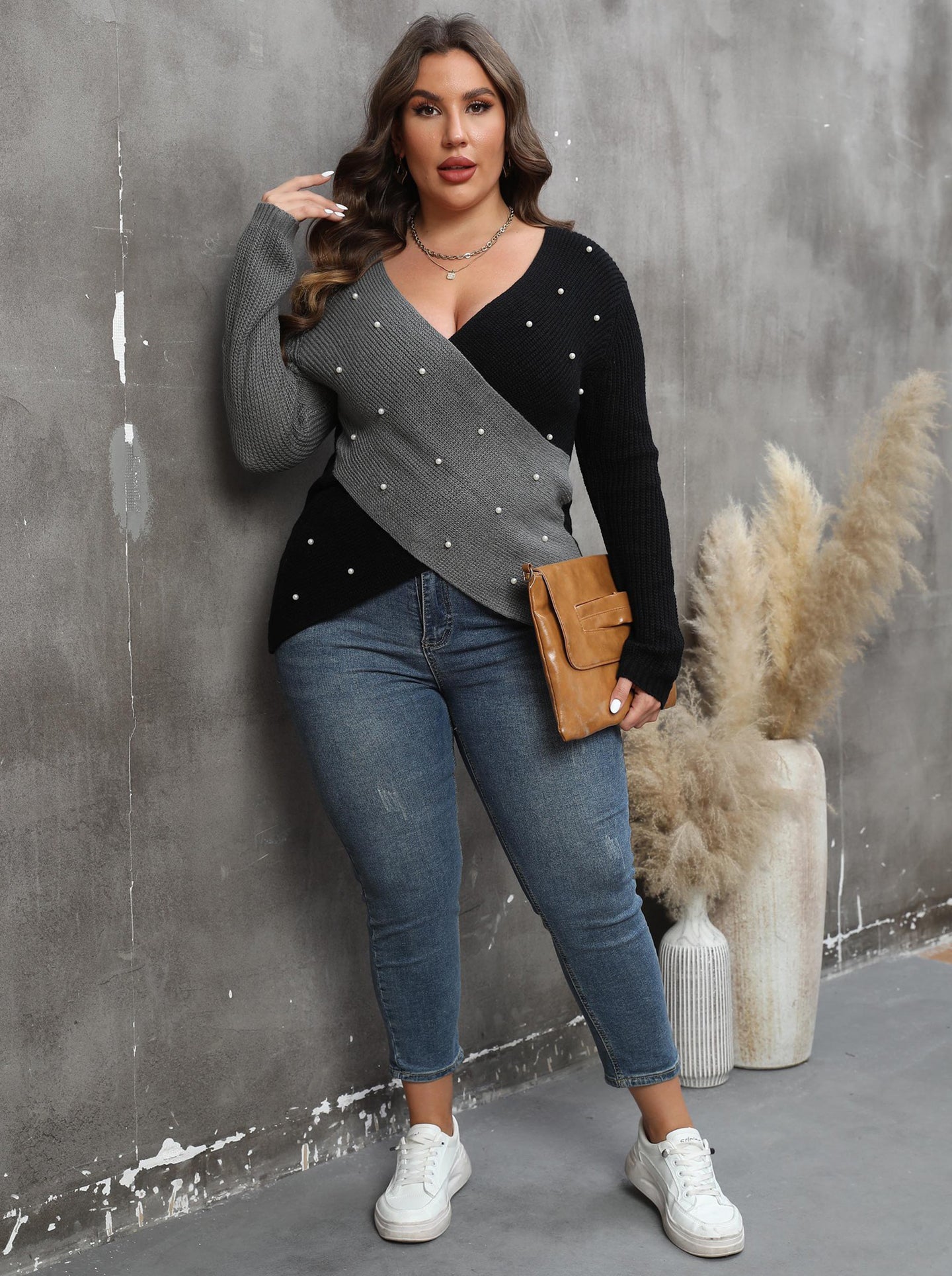 Women Plus Size Colourblocked Pullover with Embellished Detail