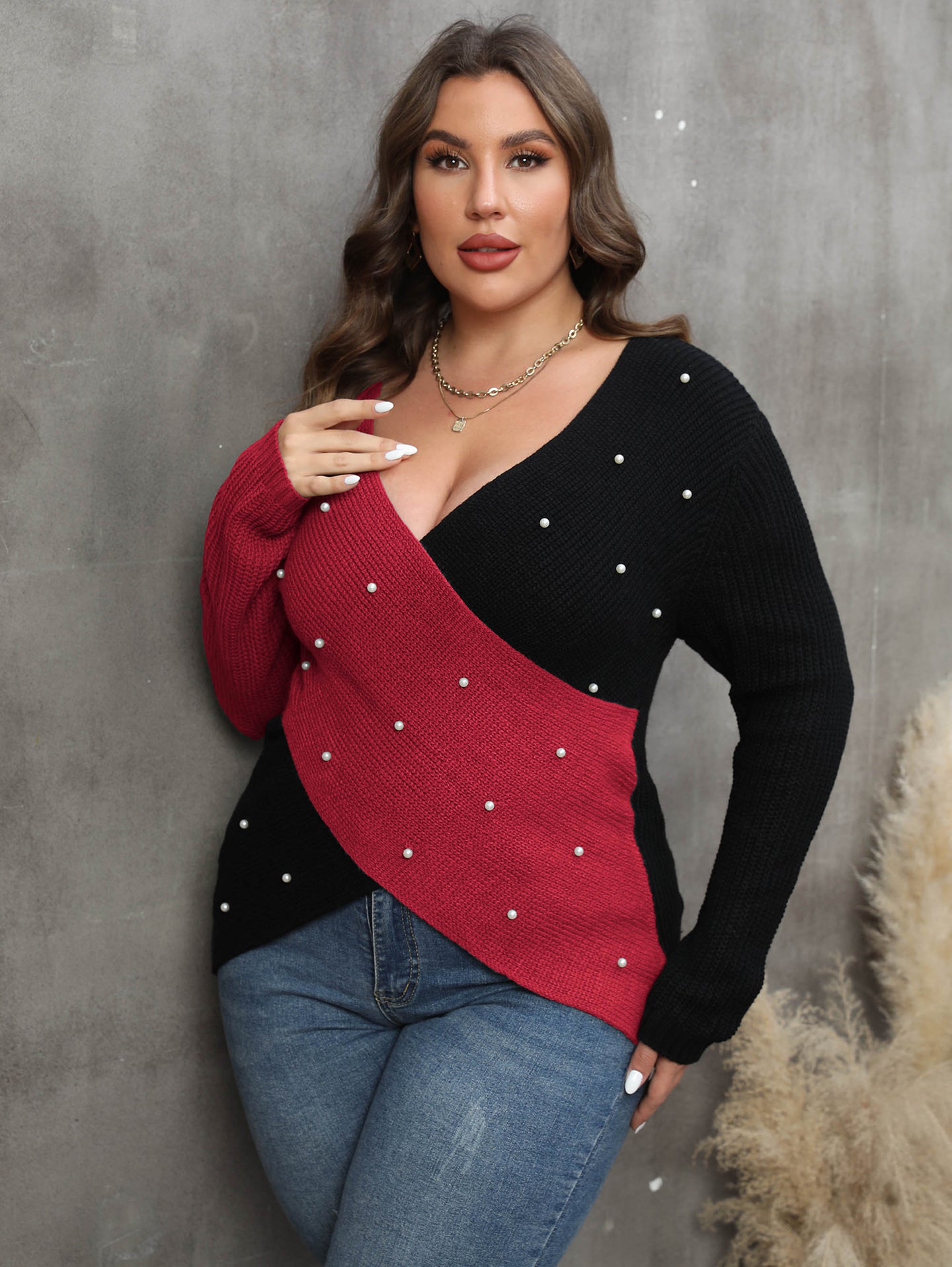 Women Colourblocked Plus Size Pullover with Embellished Detail